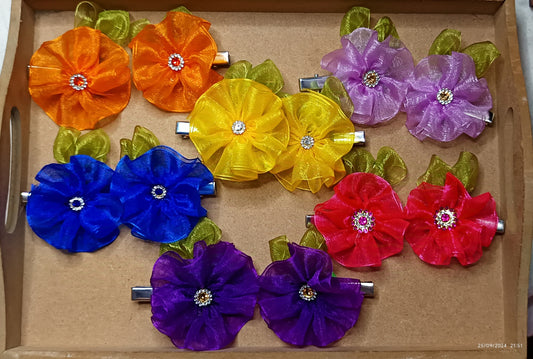 Lovely Organza Ribbon Flower Hair Clips. (Pair)