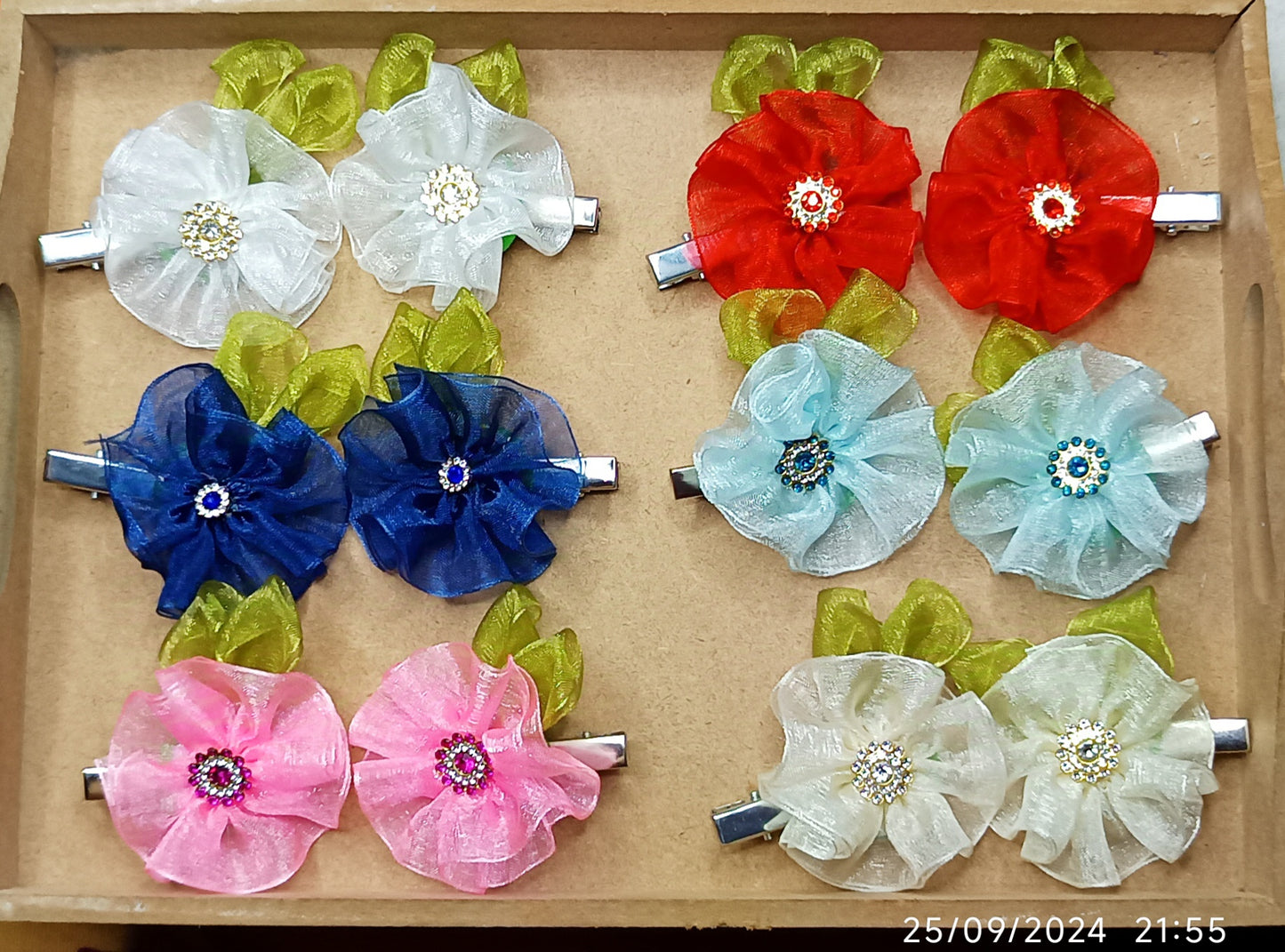 Lovely Organza Ribbon Flower Hair Clips. (Pair)